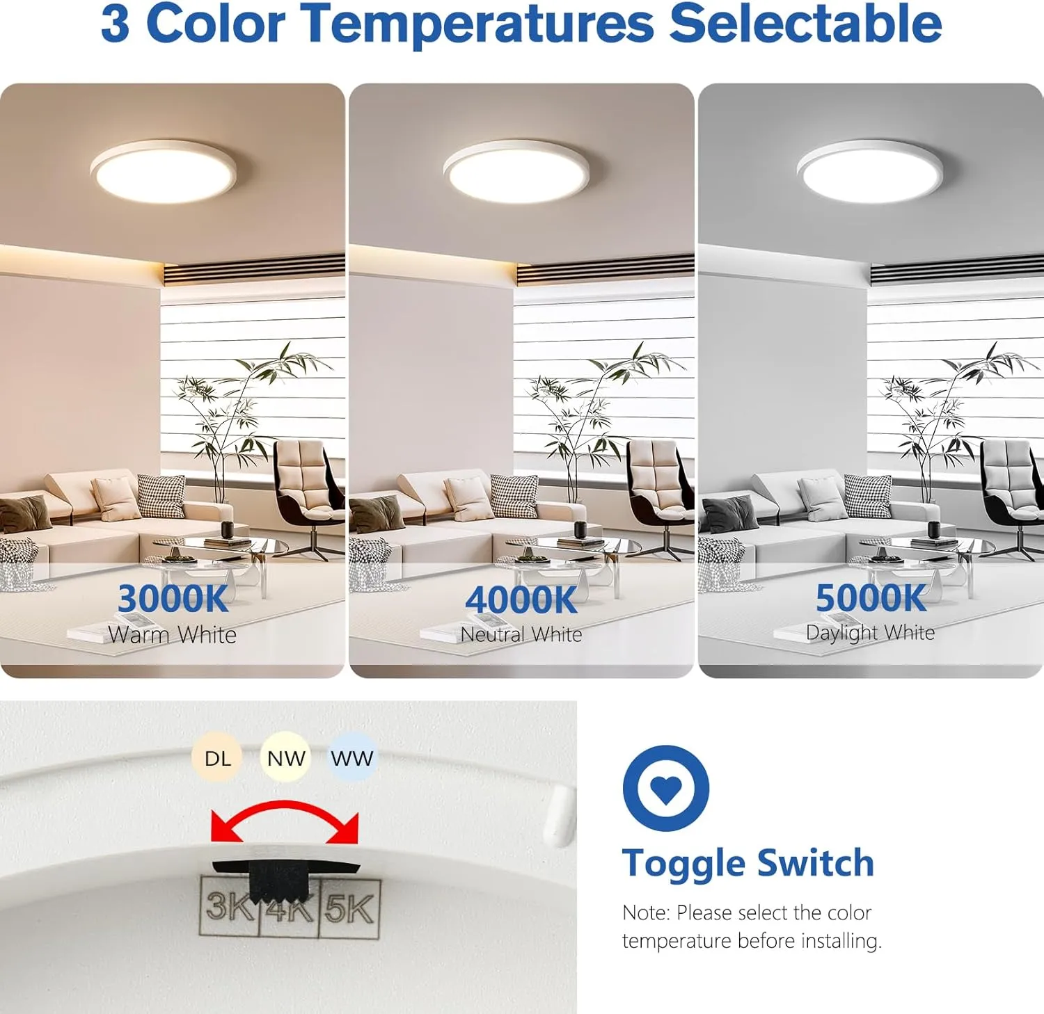 12'' 6-Pack Ultra-Thin Dimmable LED Flush Mount Ceiling Light - 3000K/4000K/5000K, 24W 2400LM, Modern LED Fixtures for Bedroom, Hallway, Closets, Attic, 240W Equiv., White