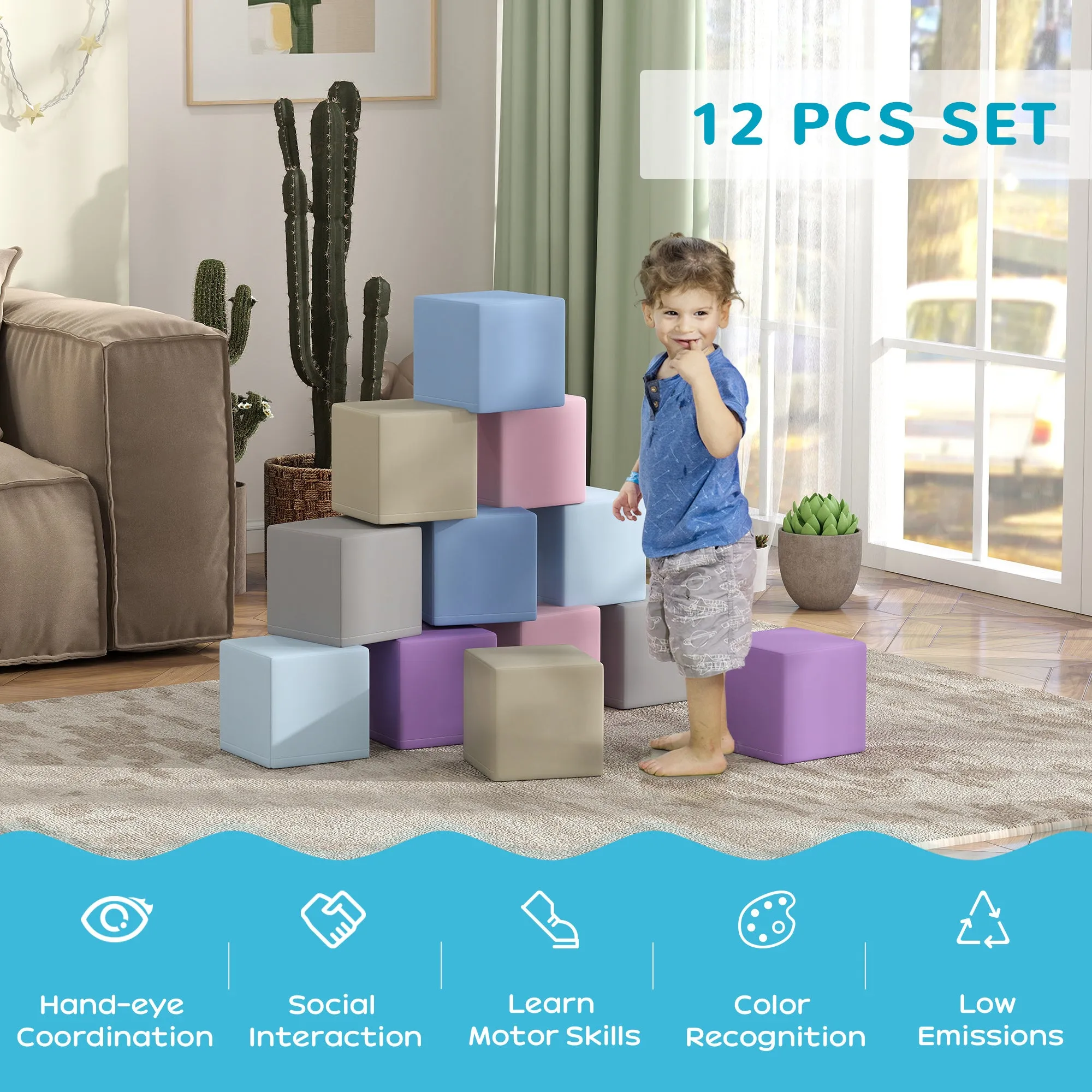 12 Piece Soft Play Blocks Soft Foam Toy Building And Stacking Blocks - Multicolours