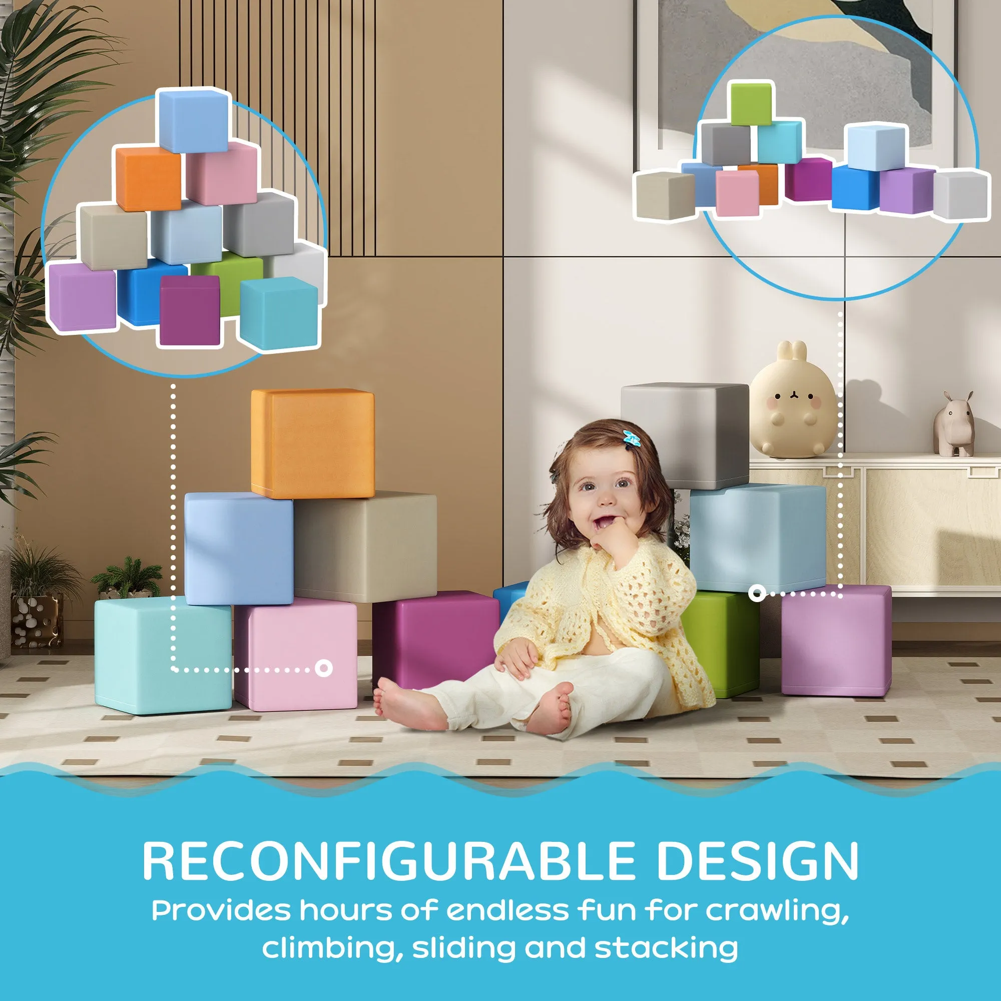 12 Piece Soft Play Blocks Soft Foam Toy Building And Stacking Blocks - Multicolours
