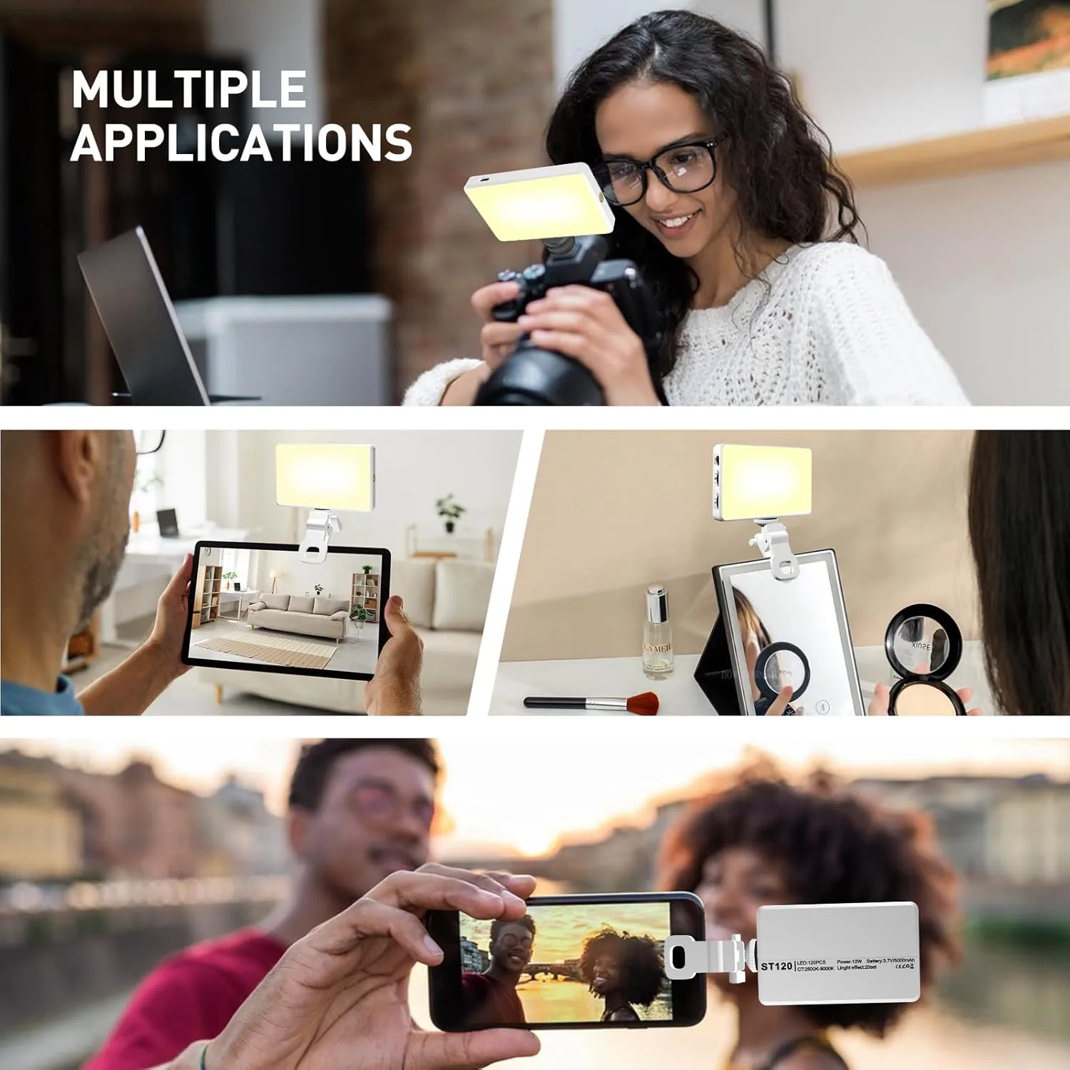 120 LED Selfie Light for iPhone/Phone/Camera/Laptop/iPad, 5000Mah Rechargeable Clip Phone Light, Adjusted 3 Lights Modes for Makeup, TikTok, Live Stream, Vlog(White)