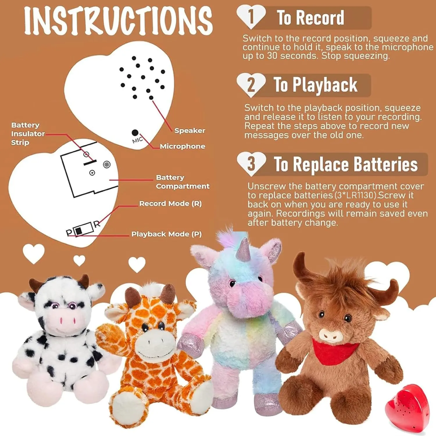 13" Recordable Giraffe Stuffed Animal,Sweet Soft Plush Toy with Voice Recorder,Giraffe with Voice Recording Heartbeat Birthday Gifts for Toddler Kids