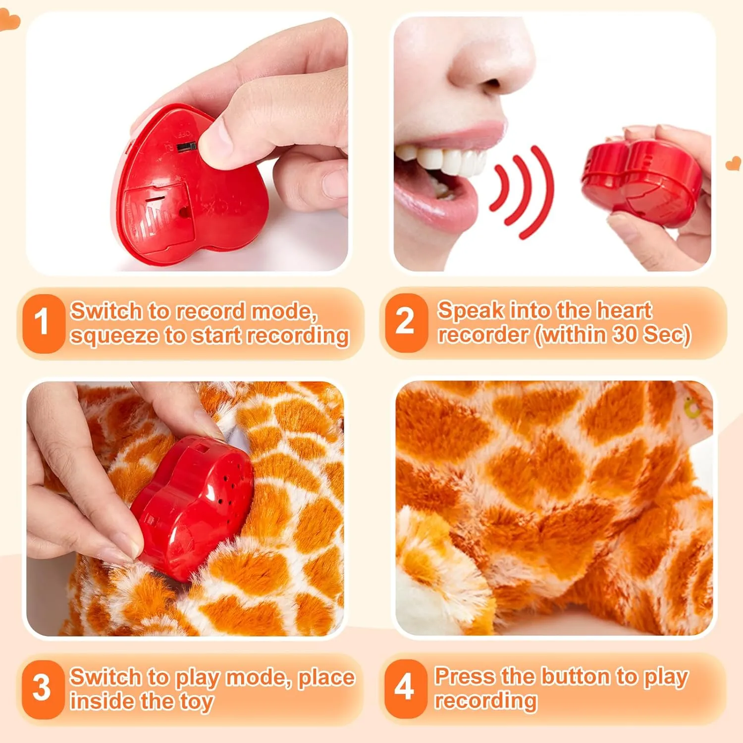 13" Recordable Giraffe Stuffed Animal,Sweet Soft Plush Toy with Voice Recorder,Giraffe with Voice Recording Heartbeat Birthday Gifts for Toddler Kids