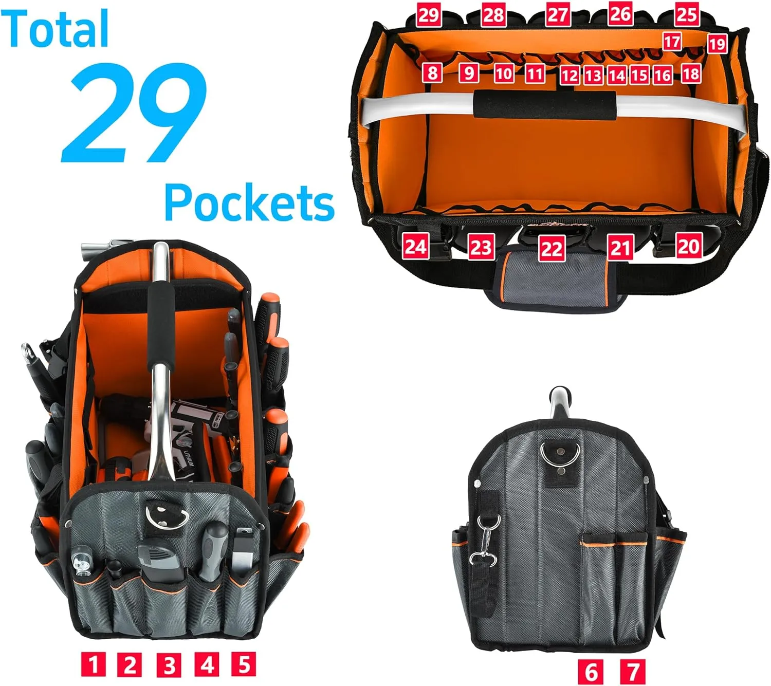 16 Inch Open Top Tool Bag, Foldable 29 Pockets Tool Tote Bags with Handle & Padded Strap, Easy Carry and Easy Tool Access Electrician Tool Bag, Black & Orange