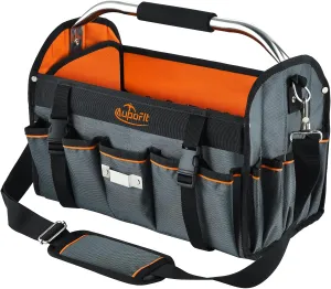 16 Inch Open Top Tool Bag, Foldable 29 Pockets Tool Tote Bags with Handle & Padded Strap, Easy Carry and Easy Tool Access Electrician Tool Bag, Black & Orange