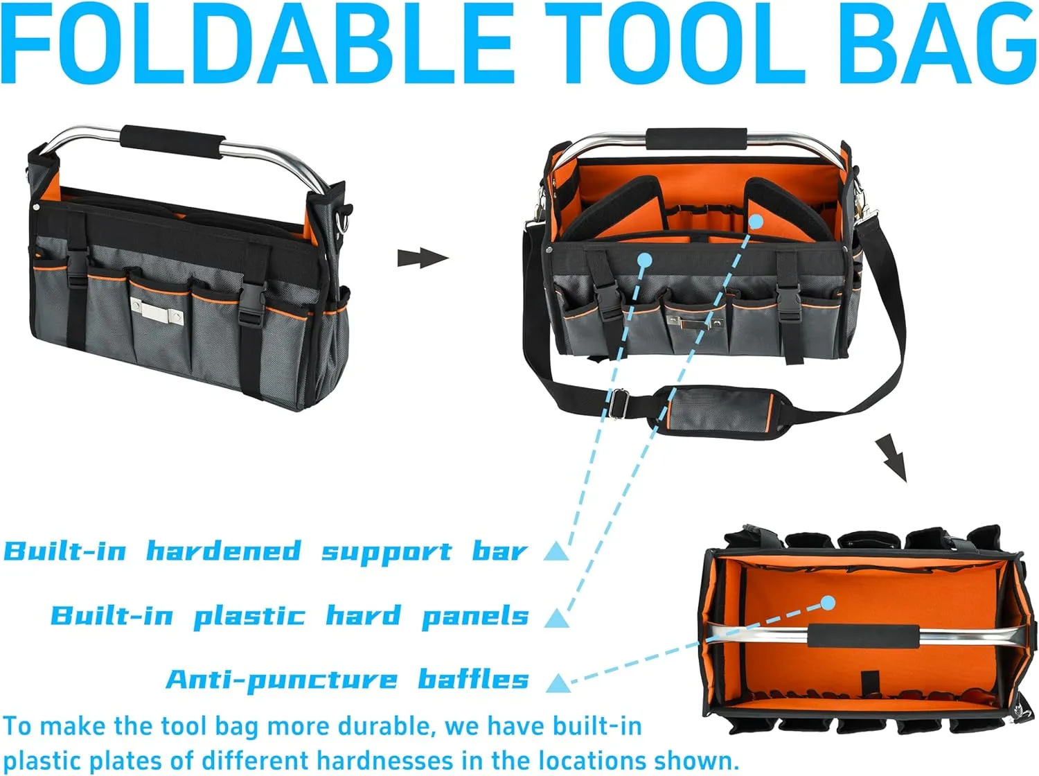 16 Inch Open Top Tool Bag, Foldable 29 Pockets Tool Tote Bags with Handle & Padded Strap, Easy Carry and Easy Tool Access Electrician Tool Bag, Black & Orange