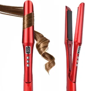 2 in 1 Hair Straightener and Curler with Titanium Flat Iron & Ceramic Curling Iron, PRITECH Best Flat Iron for Fine Hair, Rapid Heat-Up, Negative Ions, Dual Voltage for Long Short(Red)