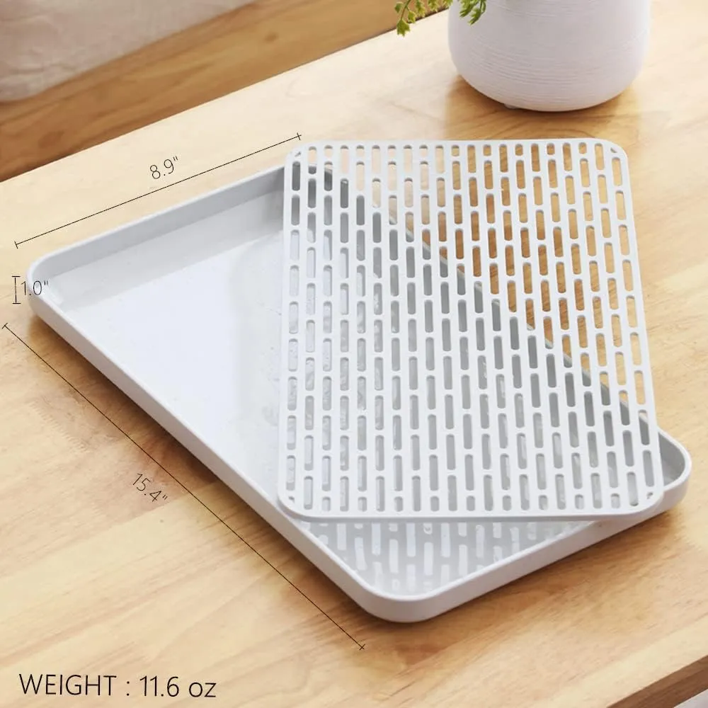 2 Pack Serving Tray & Dish Rack & Flat Drain Board, Multi-Use Tray for Serving, Fruit Drain, Cup Drain, White & Grey, Perfect for Coffee Table, Kitchen, Outdoors (8.85W x 15.35L)