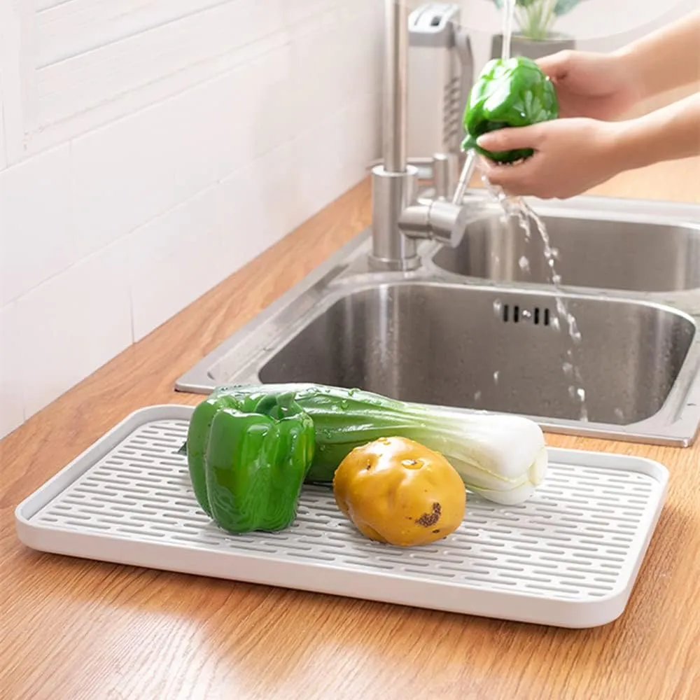 2 Pack Serving Tray & Dish Rack & Flat Drain Board, Multi-Use Tray for Serving, Fruit Drain, Cup Drain, White & Grey, Perfect for Coffee Table, Kitchen, Outdoors (8.85W x 15.35L)