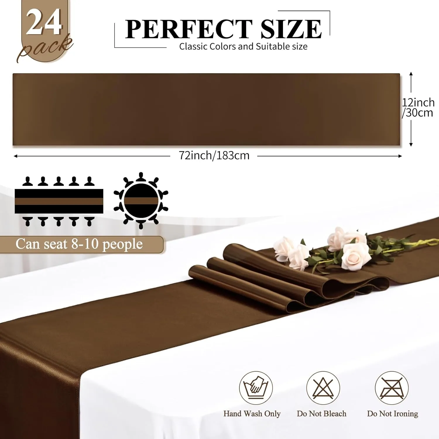 24 Pack Brown Satin Table Runners 12 x 72 Inch Long Bright Silk Smooth Fabric Gold Table Runners for Party Wedding Reception Birthday Banquet Decoration