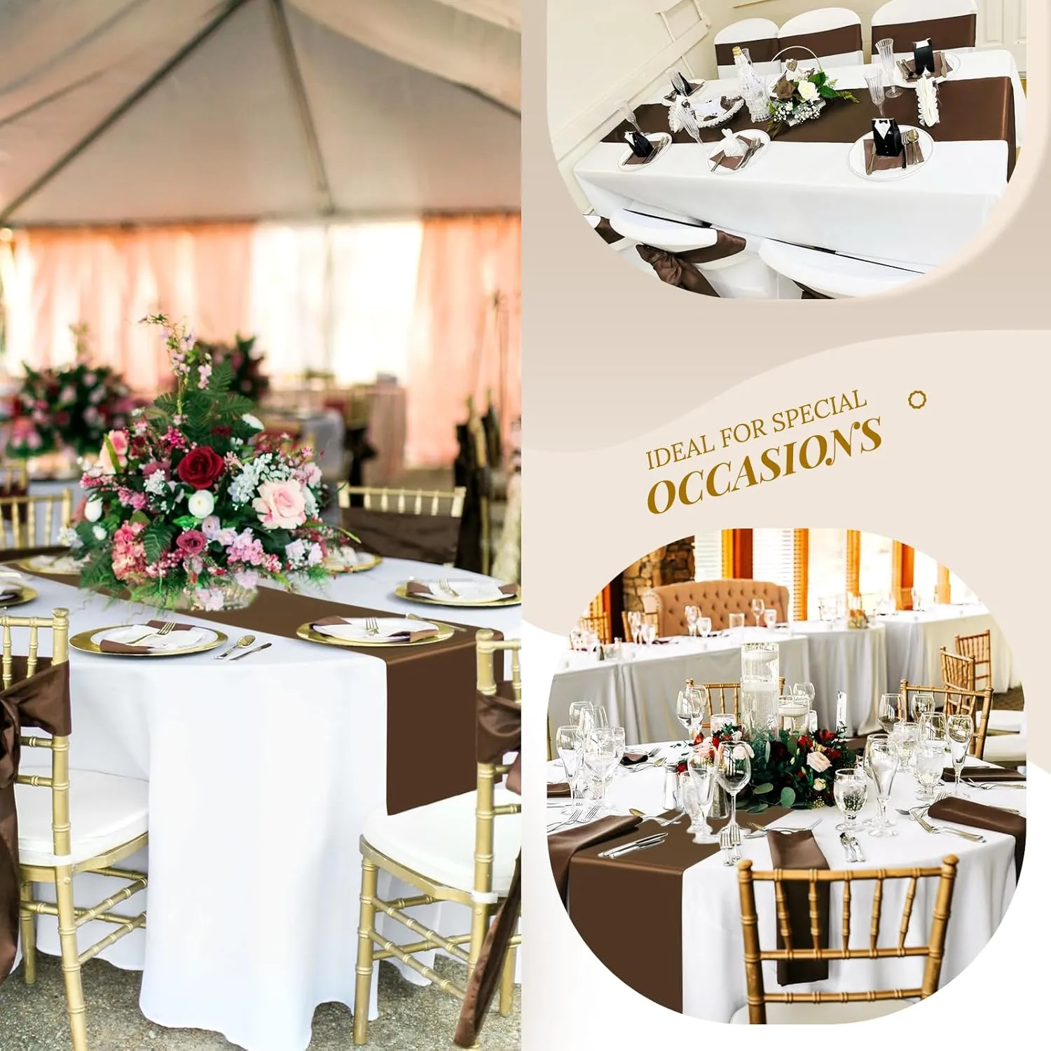 24 Pack Brown Satin Table Runners 12 x 72 Inch Long Bright Silk Smooth Fabric Gold Table Runners for Party Wedding Reception Birthday Banquet Decoration