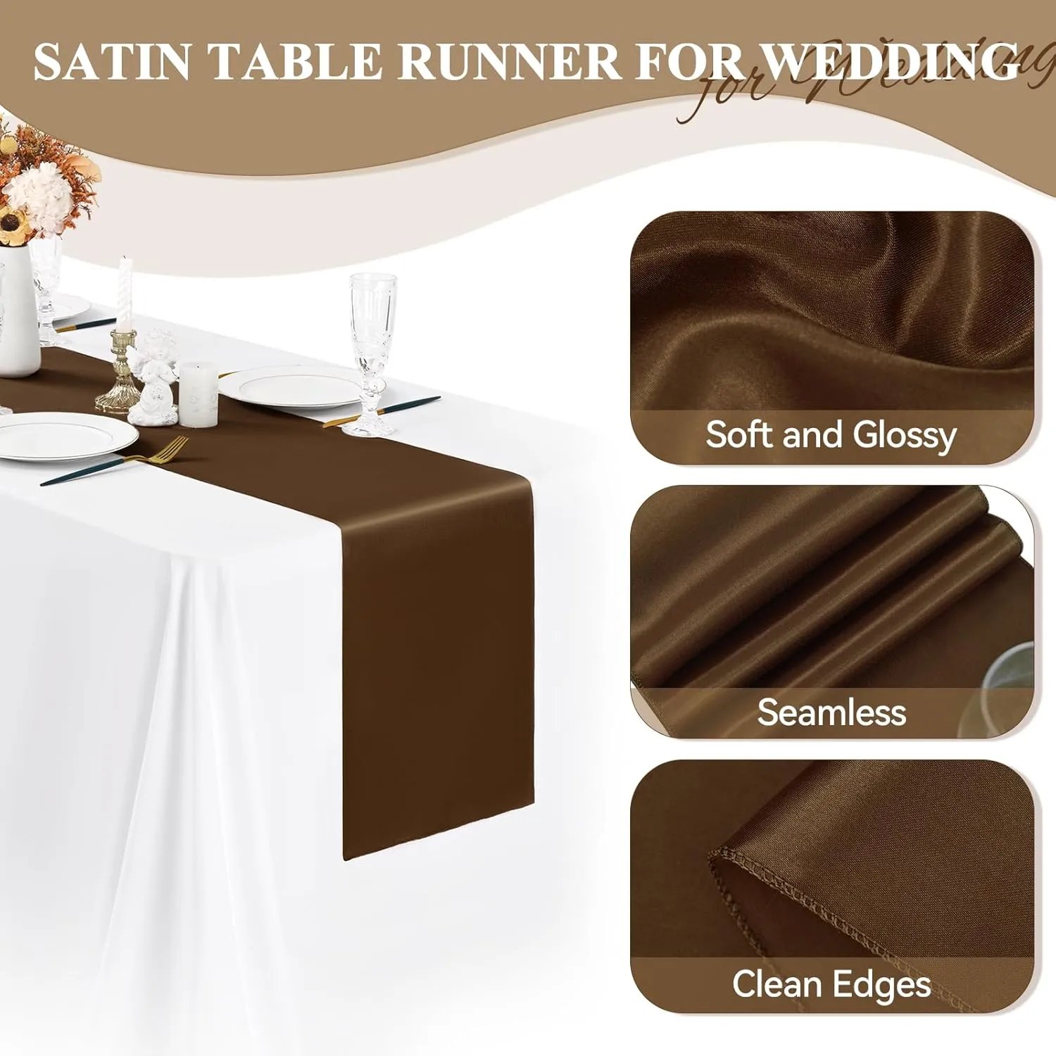 24 Pack Brown Satin Table Runners 12 x 72 Inch Long Bright Silk Smooth Fabric Gold Table Runners for Party Wedding Reception Birthday Banquet Decoration