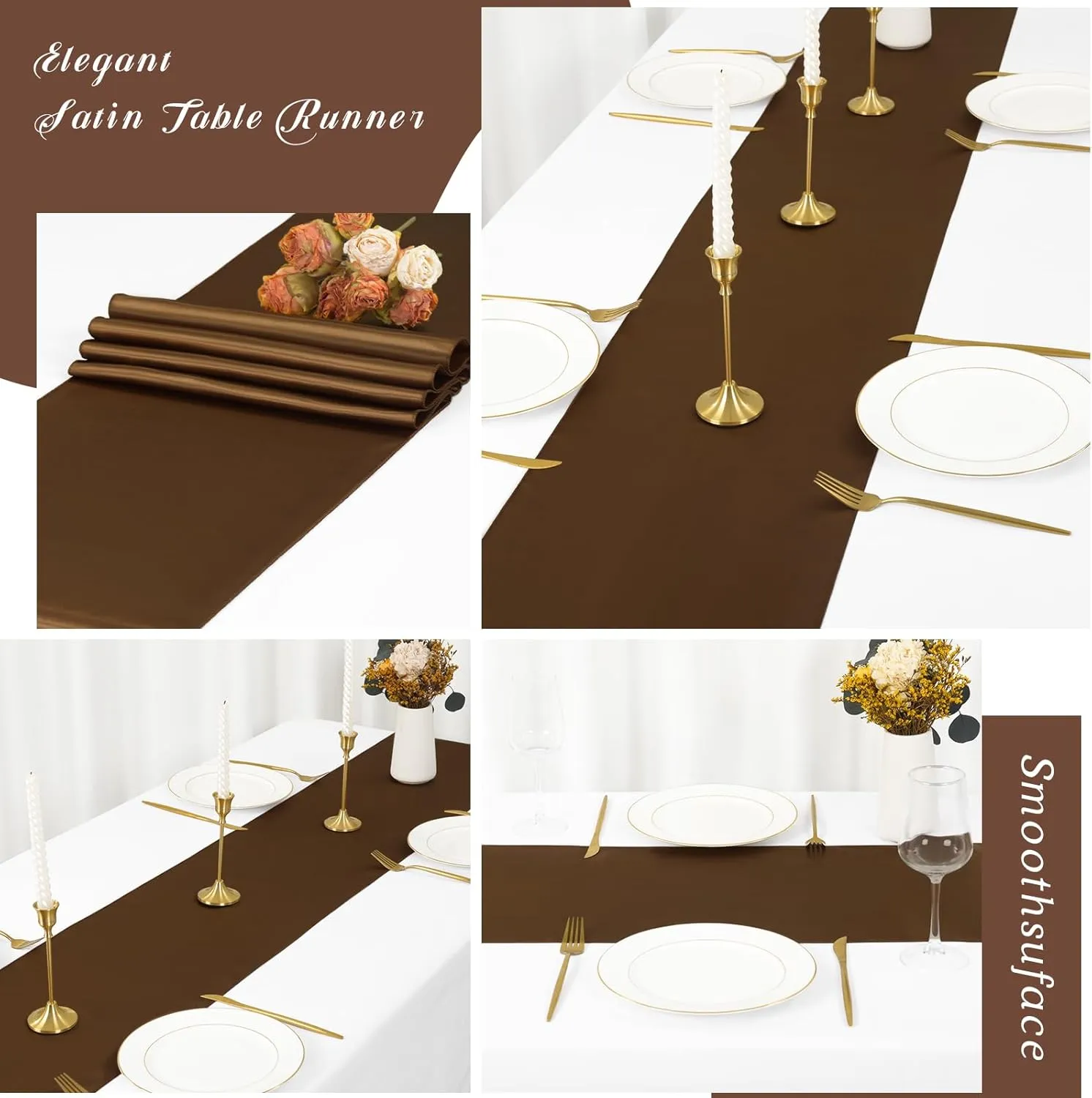 24 Pack Brown Satin Table Runners 12 x 72 Inch Long Bright Silk Smooth Fabric Gold Table Runners for Party Wedding Reception Birthday Banquet Decoration
