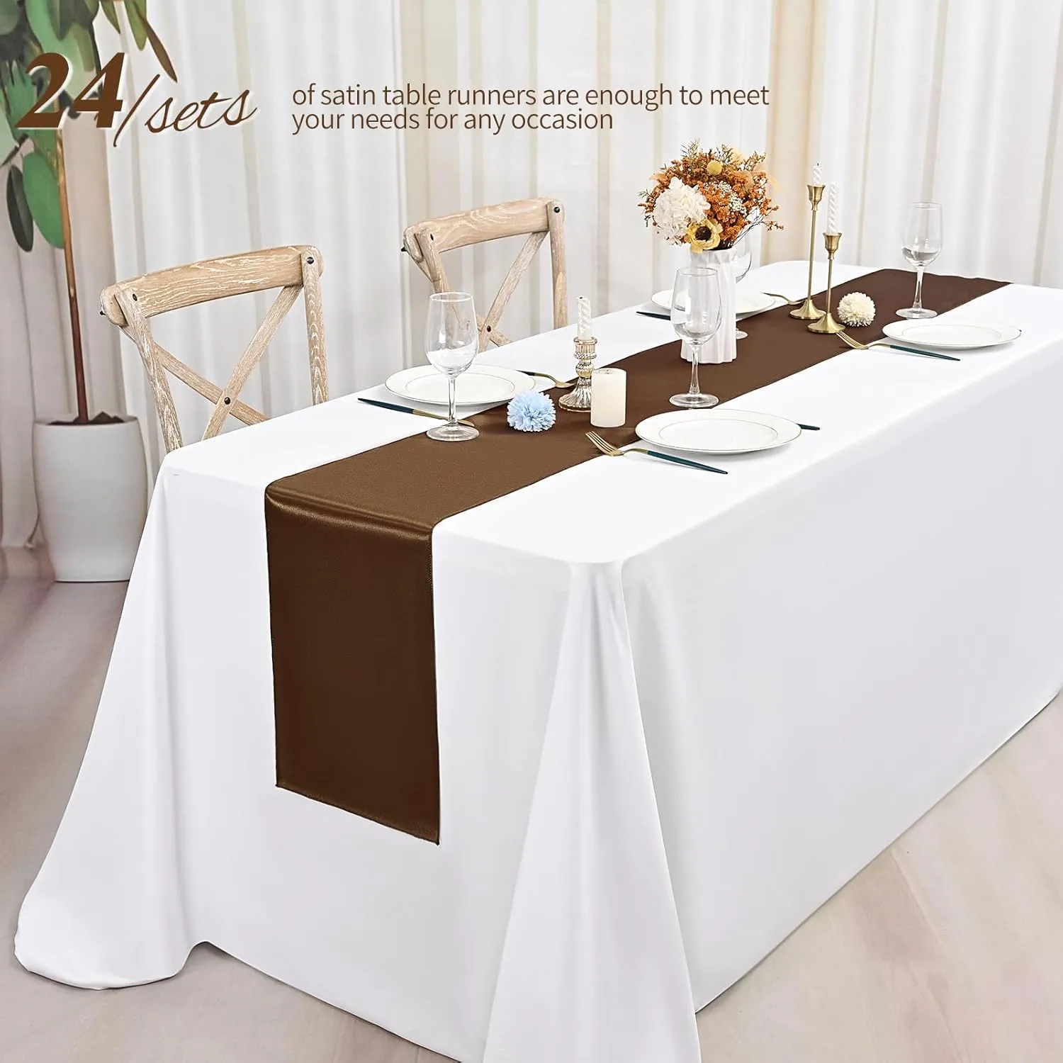 24 Pack Brown Satin Table Runners 12 x 72 Inch Long Bright Silk Smooth Fabric Gold Table Runners for Party Wedding Reception Birthday Banquet Decoration