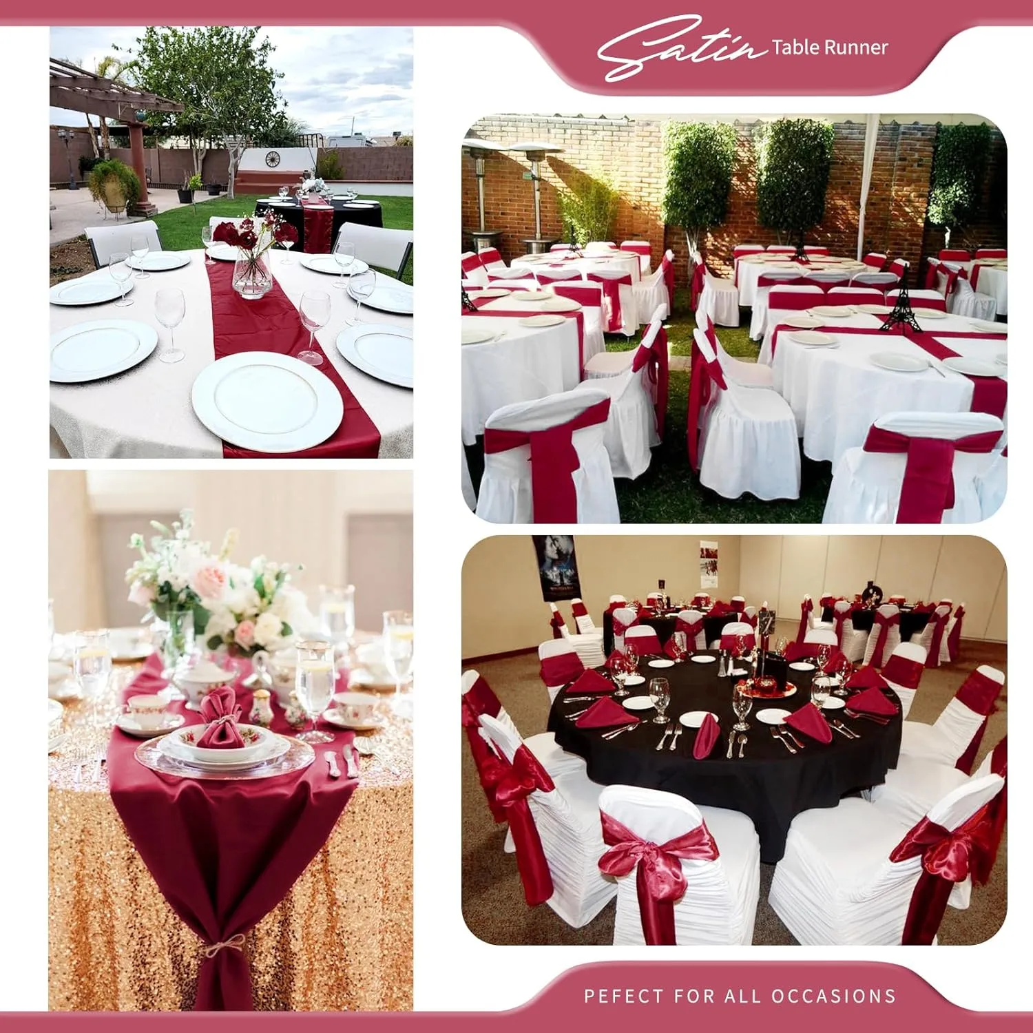 24 Pack Burgundy Satin Table Runners 12 x 72 Inch Long Bright Silk Smooth Fabric Burgundy Table Runners for Party Wedding Reception Birthday Banquet Decoration