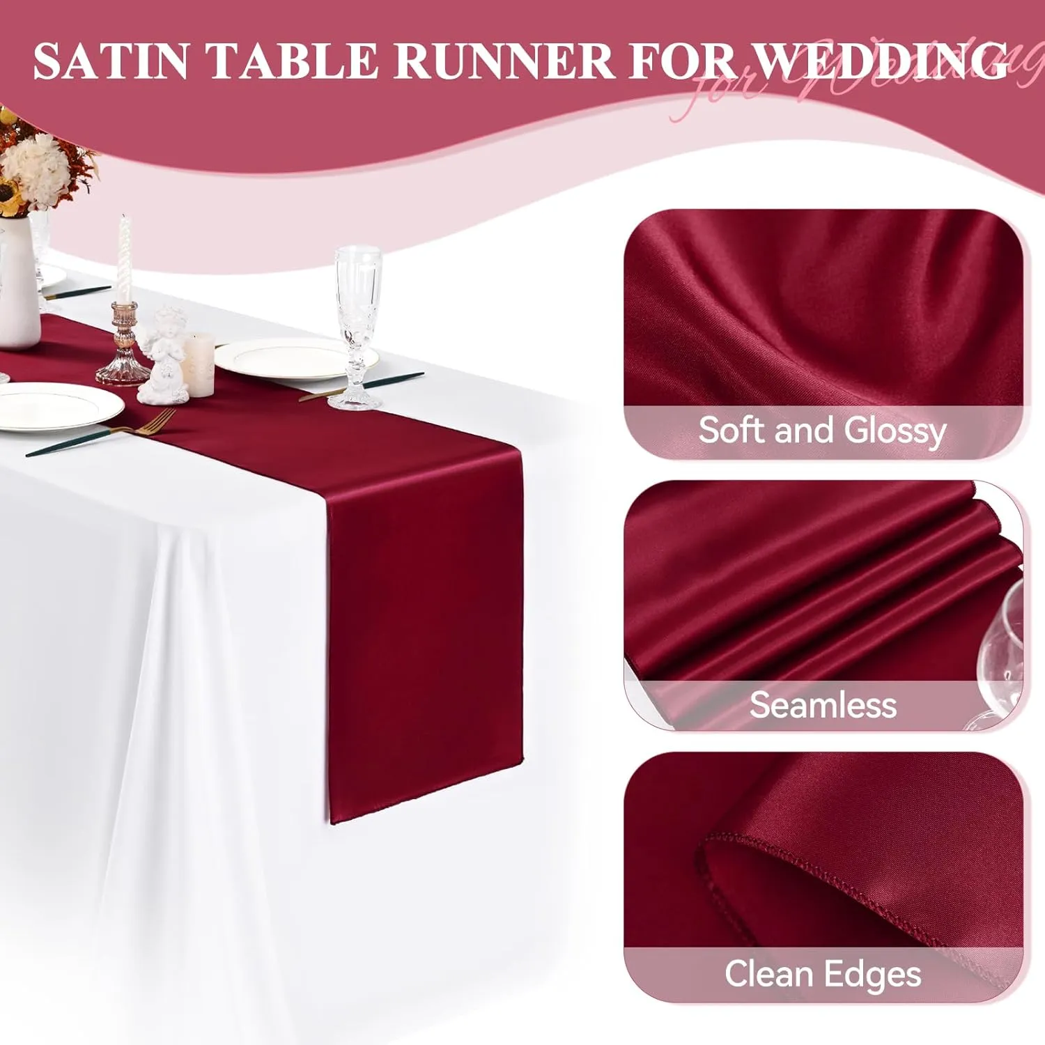 24 Pack Burgundy Satin Table Runners 12 x 72 Inch Long Bright Silk Smooth Fabric Burgundy Table Runners for Party Wedding Reception Birthday Banquet Decoration