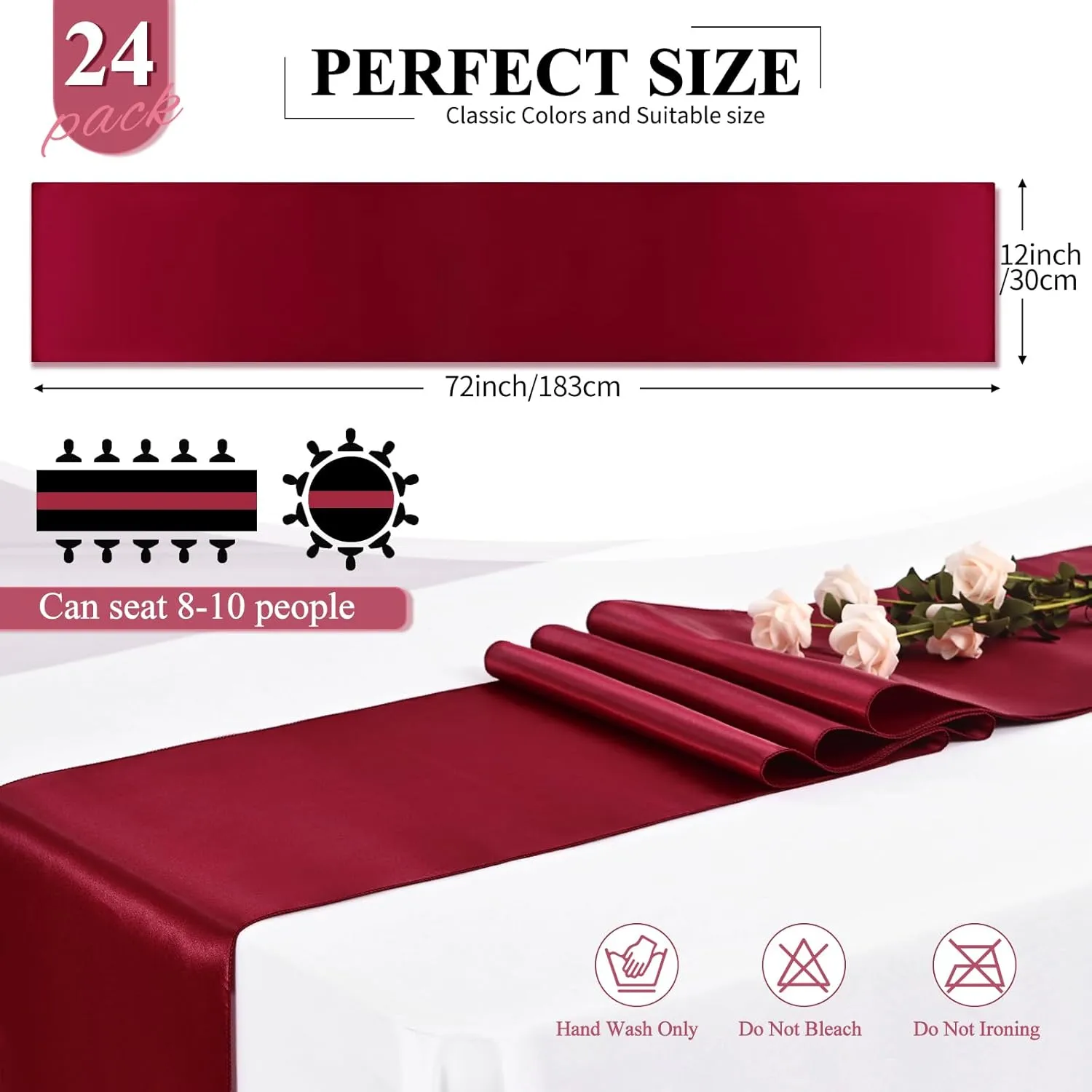 24 Pack Burgundy Satin Table Runners 12 x 72 Inch Long Bright Silk Smooth Fabric Burgundy Table Runners for Party Wedding Reception Birthday Banquet Decoration