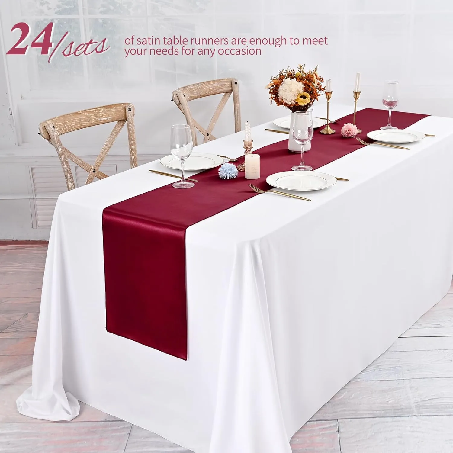 24 Pack Burgundy Satin Table Runners 12 x 72 Inch Long Bright Silk Smooth Fabric Burgundy Table Runners for Party Wedding Reception Birthday Banquet Decoration
