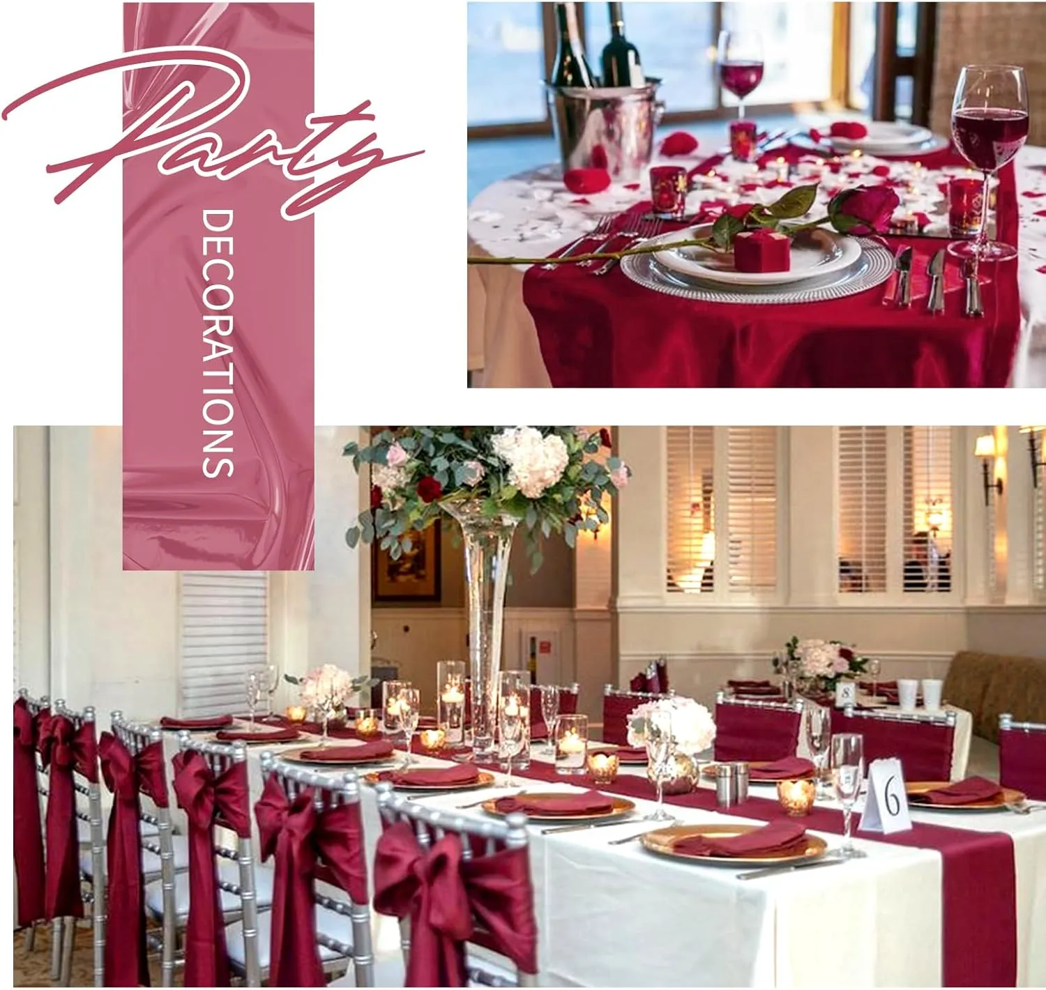 24 Pack Burgundy Satin Table Runners 12 x 72 Inch Long Bright Silk Smooth Fabric Burgundy Table Runners for Party Wedding Reception Birthday Banquet Decoration