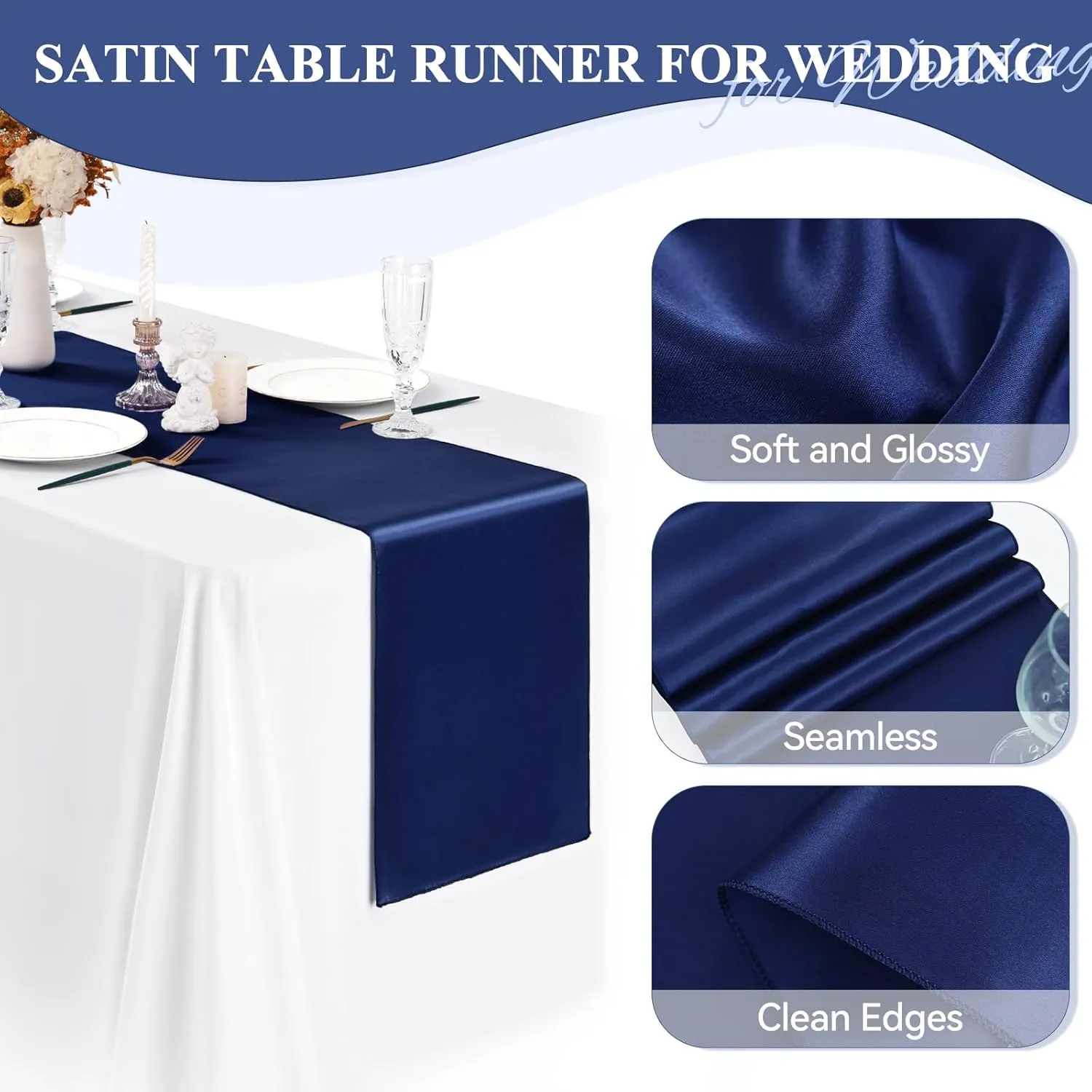 24 Pack Navy Blue Satin Table Runners 12 x 72 Inch Long Bright Silk Smooth Fabric Navy Blue Table Runners for Party Wedding Reception Birthday Banquet Decoration
