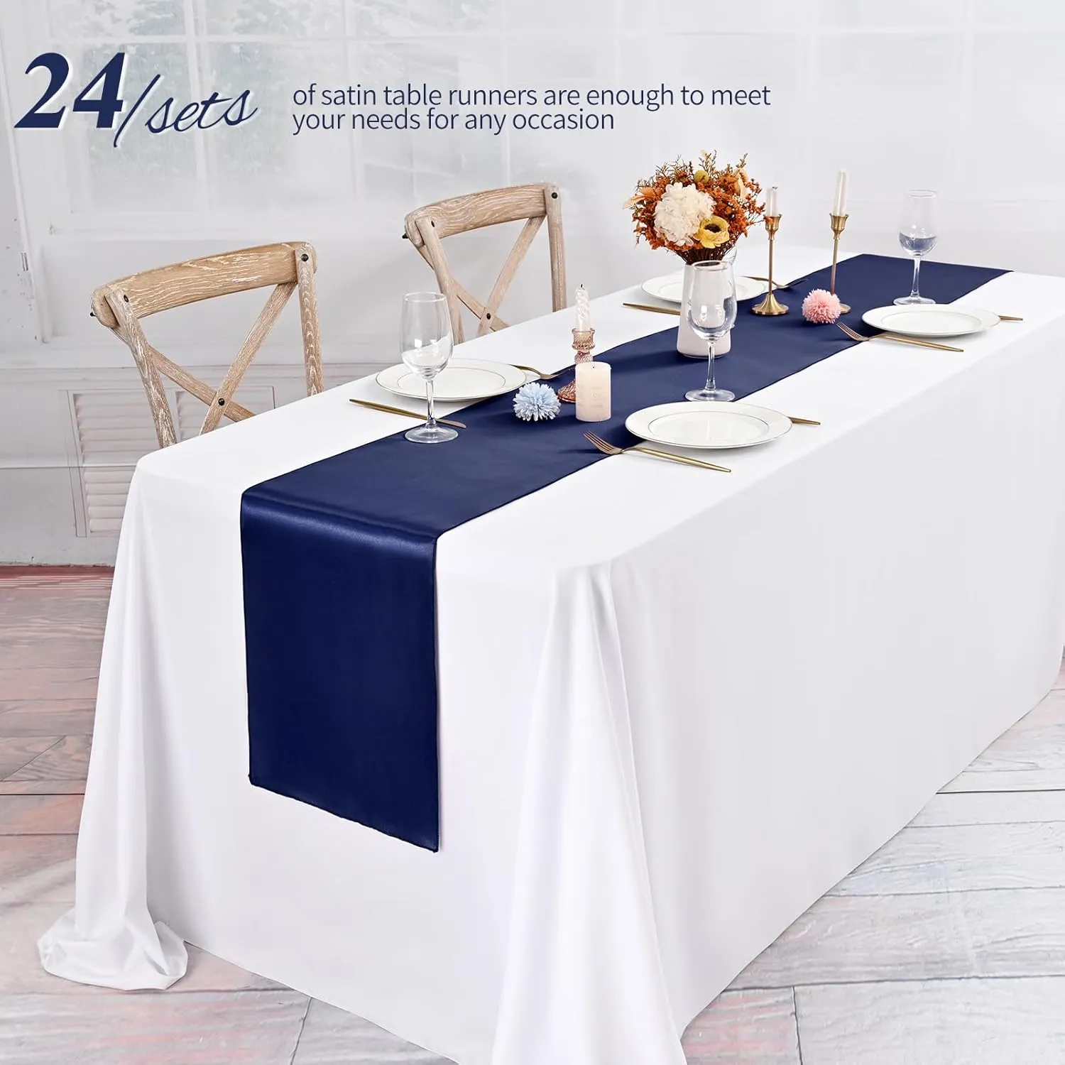 24 Pack Navy Blue Satin Table Runners 12 x 72 Inch Long Bright Silk Smooth Fabric Navy Blue Table Runners for Party Wedding Reception Birthday Banquet Decoration