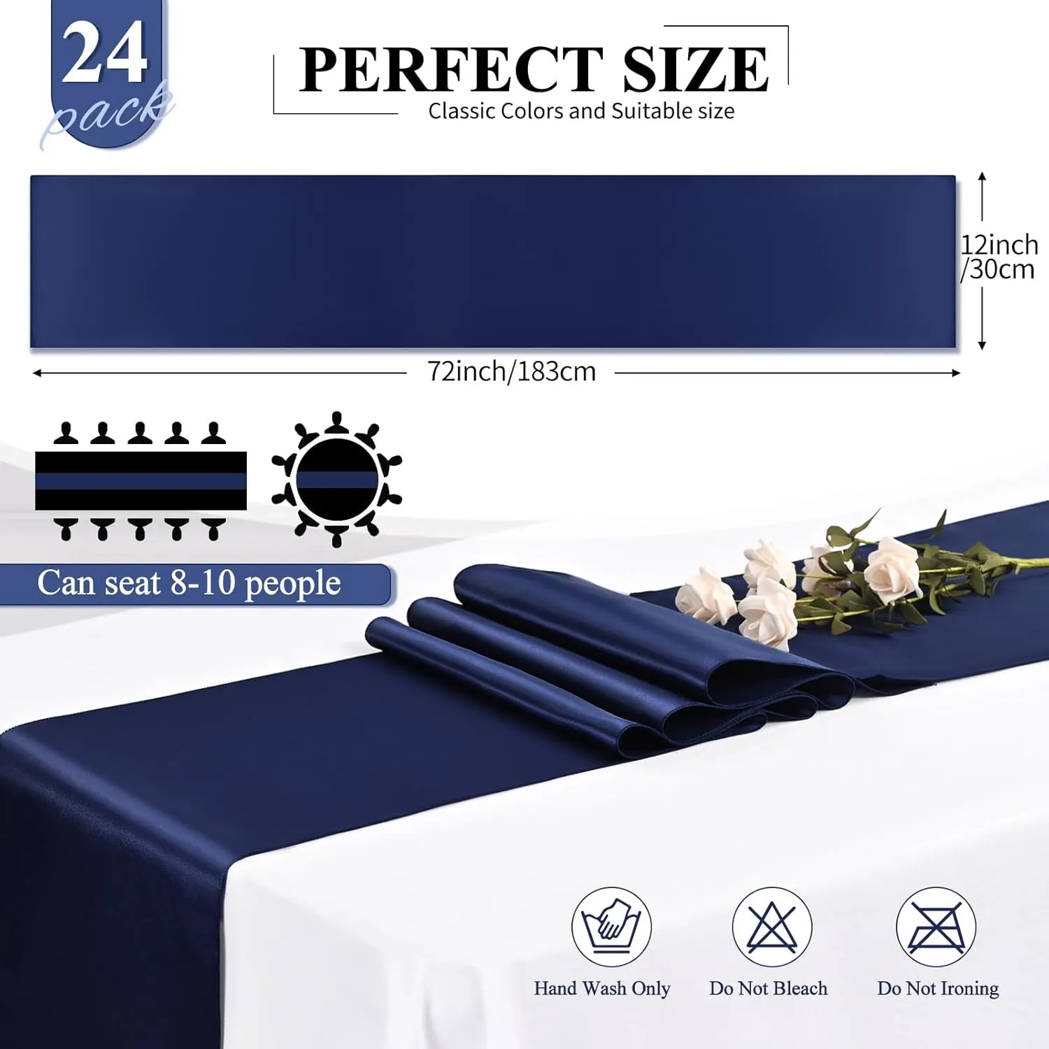 24 Pack Navy Blue Satin Table Runners 12 x 72 Inch Long Bright Silk Smooth Fabric Navy Blue Table Runners for Party Wedding Reception Birthday Banquet Decoration
