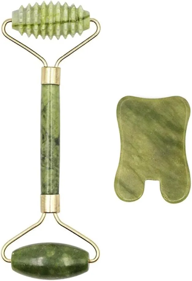 2pcs Facial Massager Roller Guasha Board Flat, Natural Jade Stone Eye Neck Thin Lift Relax Slimming Face Massage Tools-I Set