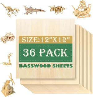 36 Pack 12"x12" Basswood Sheets 1/8", 3mm for Laser Cutting, Unfinished Wood, Craft Wood, Plywood for DIY Ornaments and Models