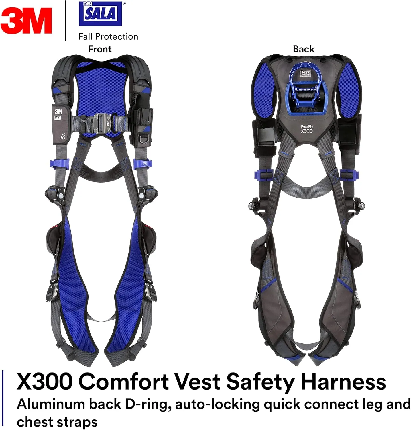 3M 1113007 DBI-SALA ExoFit NEX Vest Style Harness, Aluminum Back D-Ring, Locking Quick Connect Buckles, Large, Blue/Gray