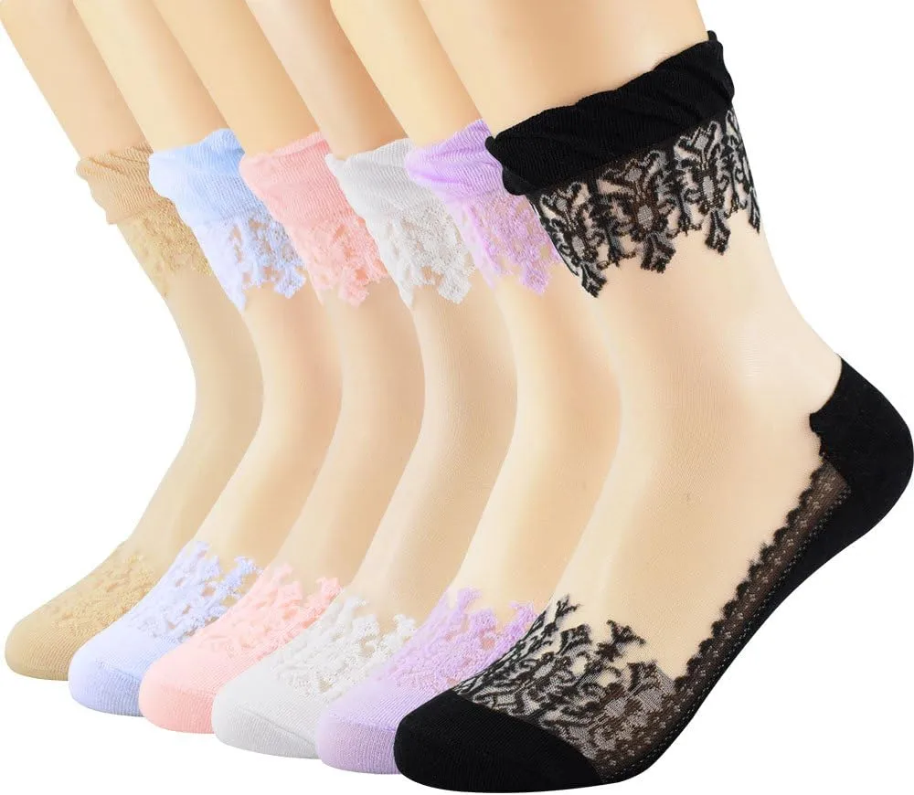4-6 Pairs Lace Fishnet Socks - Ultra Thin, Elastic, Short Mesh, Sheer for Women