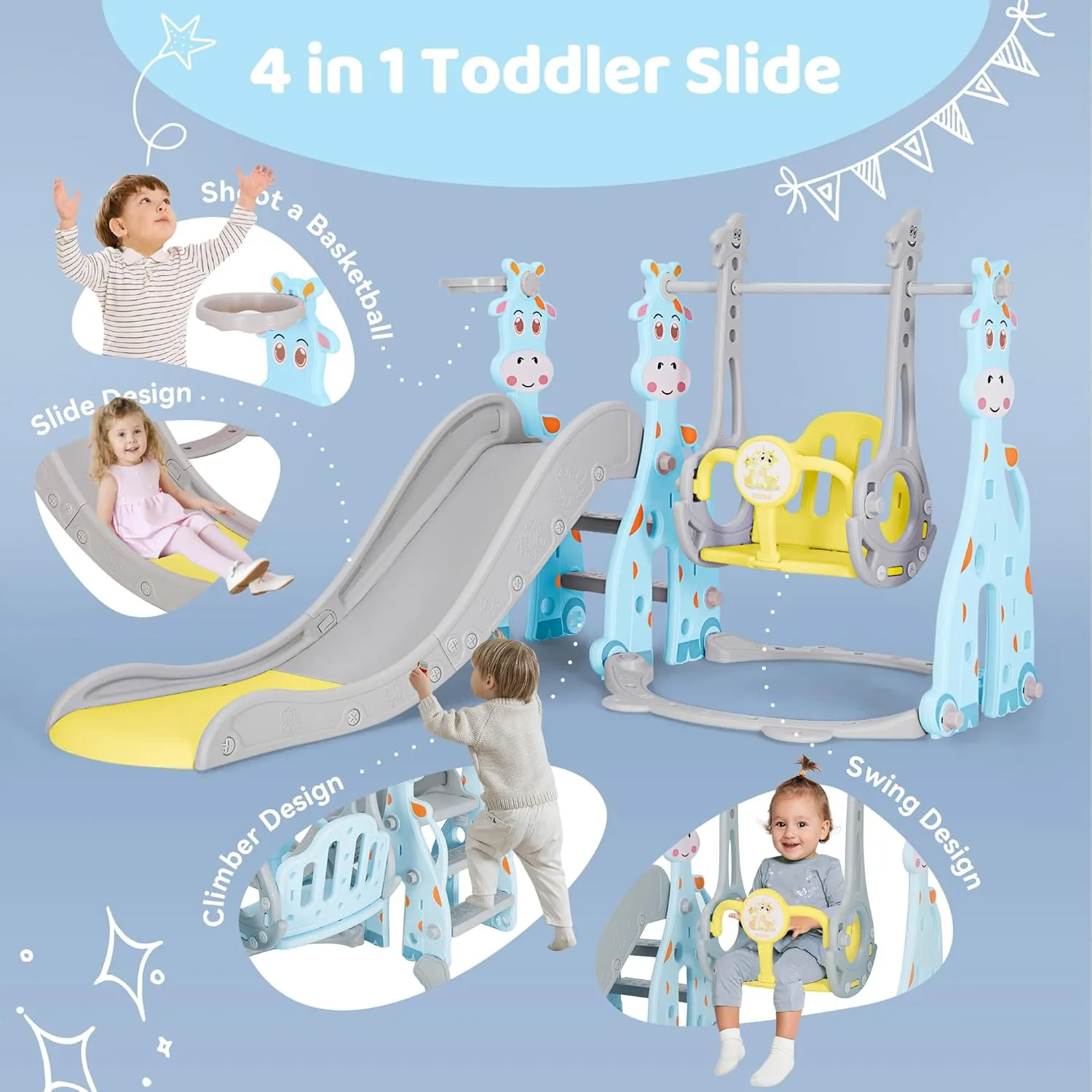 4 in 1 Toddler Slide and Swing Set, Kid Slide for Age 18-36 Months Indoor Outdoor Baby Slide Playset with Basketball Hoop, Ball, Climber and Swing, Toddler Slide Plastic Slide(Lake Green)
