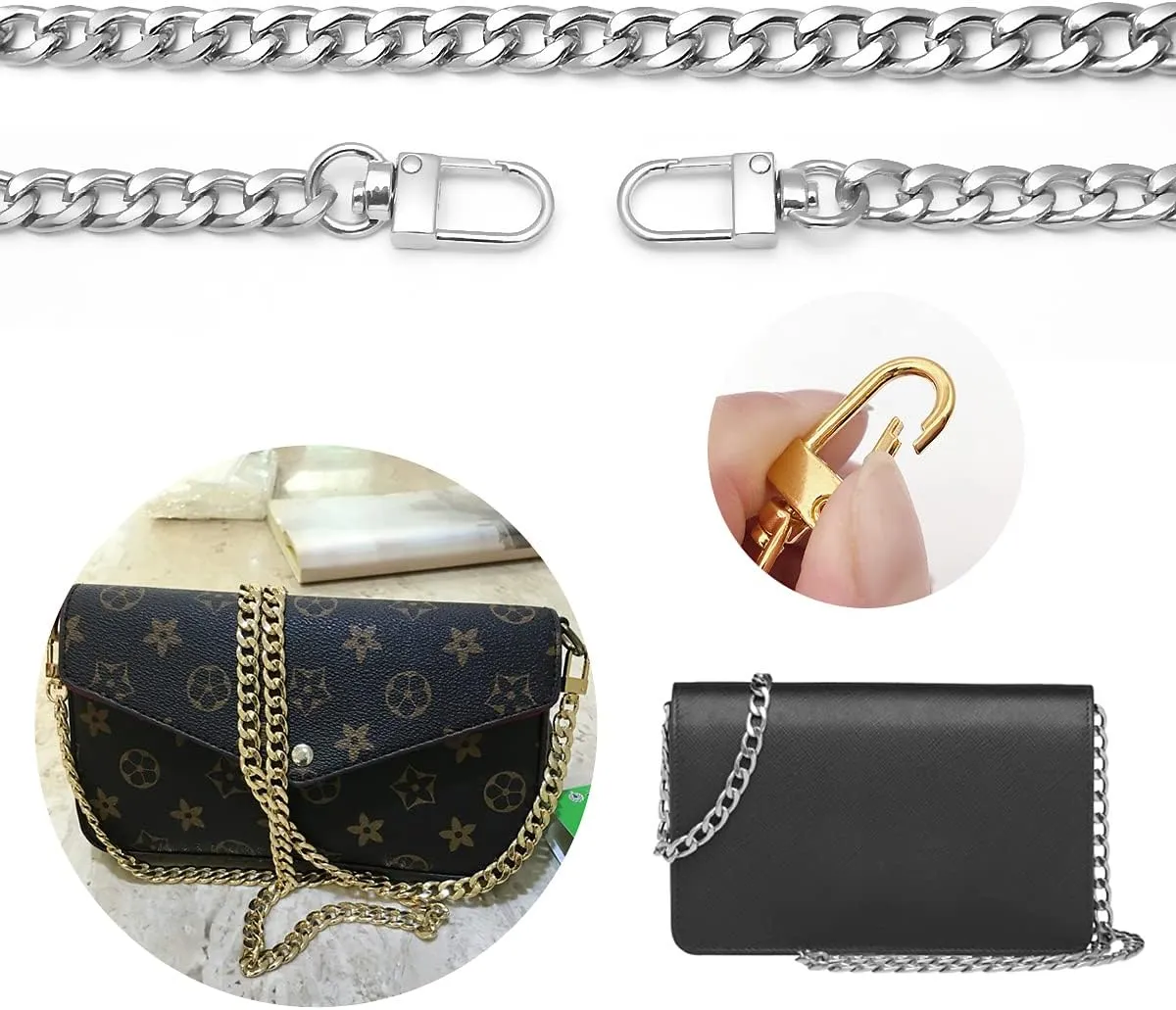 47.2 inch DIY Iron Flat Chain Belt, Handbag Replacement Belt, Shoulder Belt, Wallet Chain Belt, Metal Buckle (Silver 1 PCS)