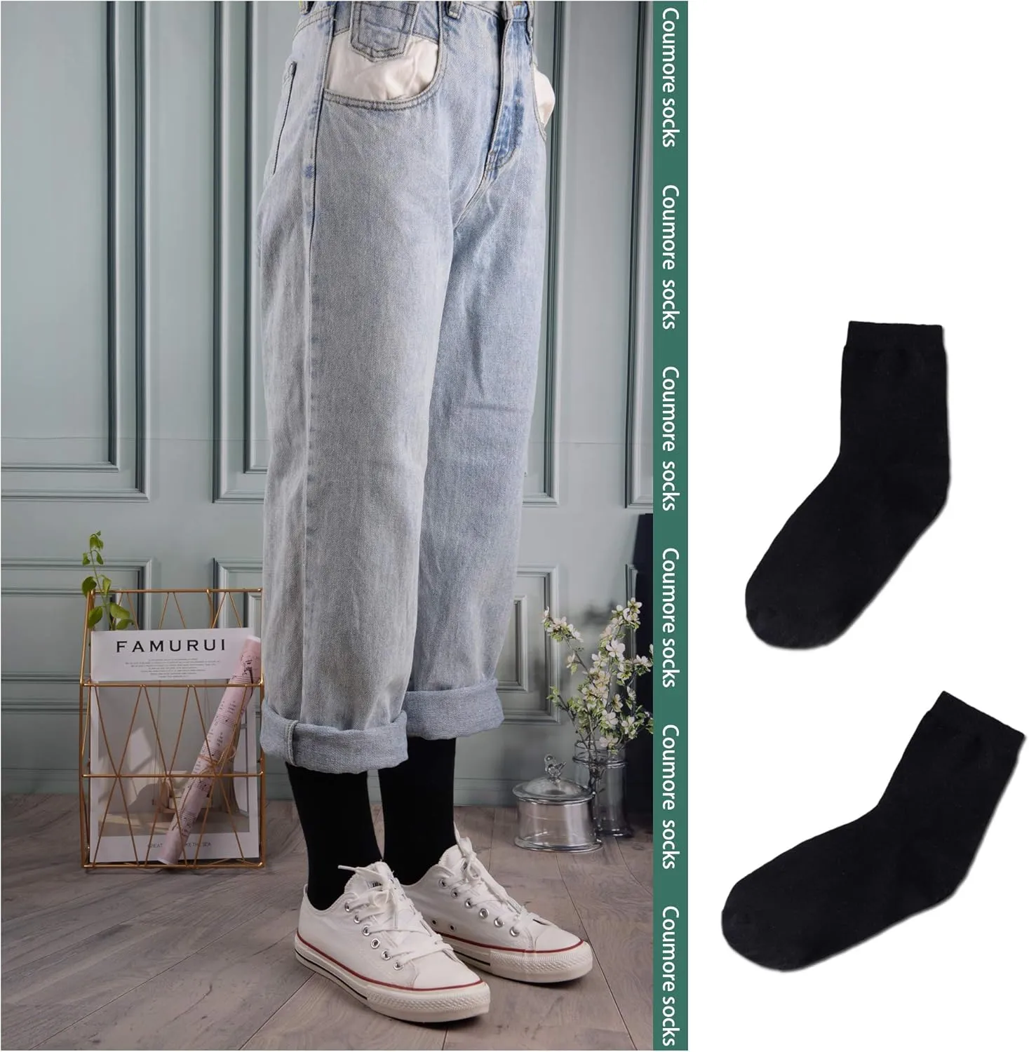 6-9 Pairs Women's Black Crew Socks Thin High Ankle LightWeight Ladies Socks