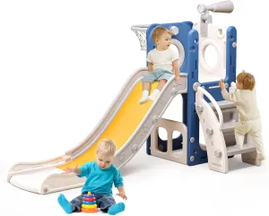 6 in 1 Toddler Playset with Slide, Kids Slide with Basketball Hoop, Ball, Ring Toss, Indoor Outdoor Toys