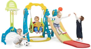 6 in 1 Toddler Slide and Swing Playset Indoor Outdoor Freestanding Playground Kids Slide Climber Swing Set with Basketball Hoop for Kids Age 3-12, Backyards Slide for Baby
