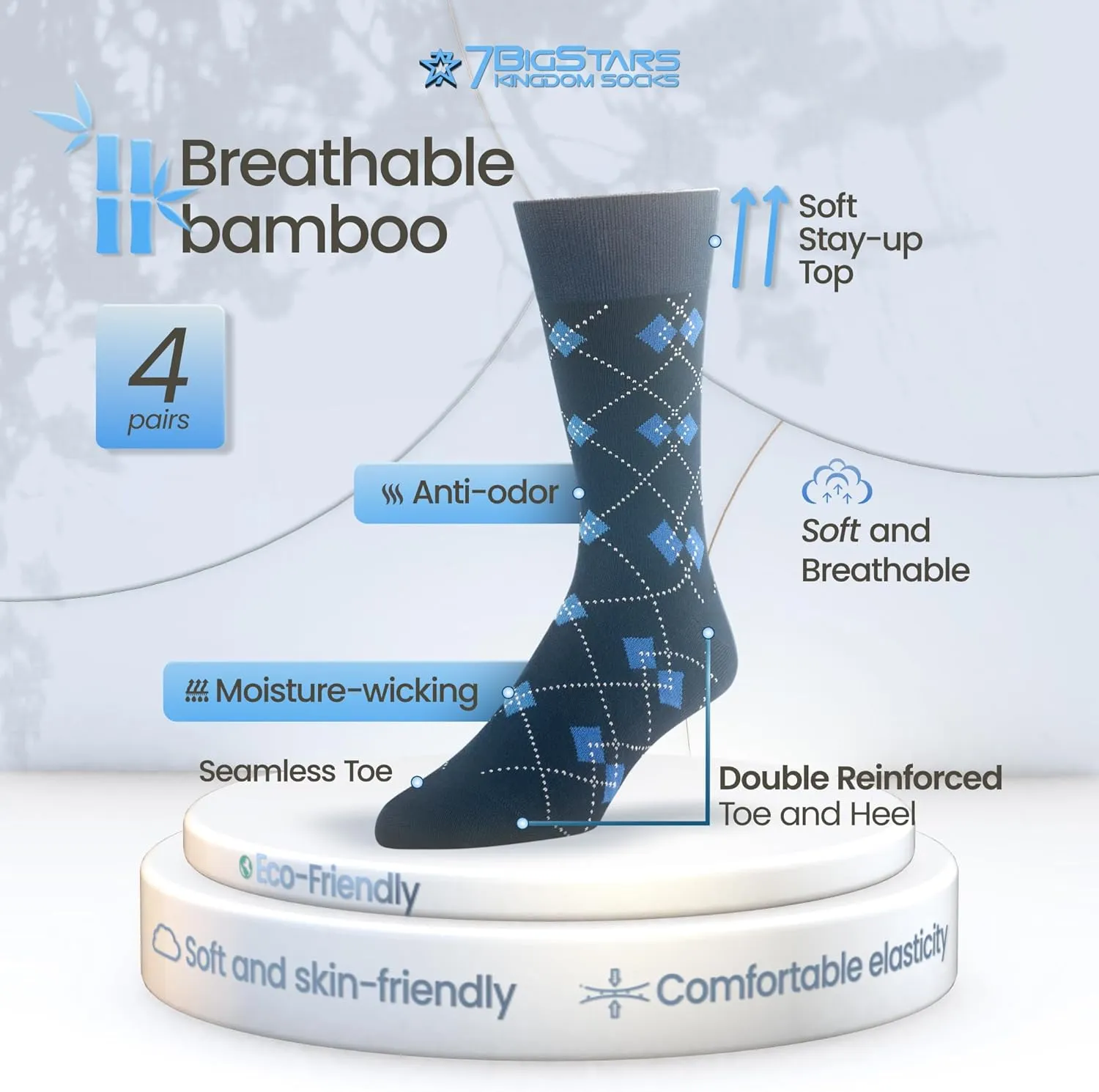7BIGSTARS KINGDOM Men Viscose Bamboo Patterned-Solid Fashion Dress Sock-XL/L/M- Black Khaki Beige Brown Grey Navy Blue