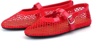 Adrizzlein Mesh Ballet Flats for Women Fishnet Ballerina Flats Buckle Strap Mesh Ballet Shoes Wide Width Casual Summer Dress Flat Shoes