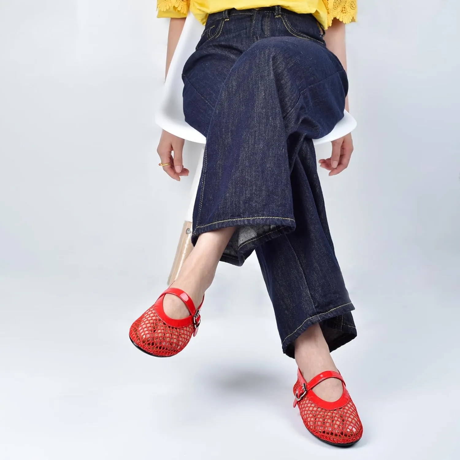 Adrizzlein Mesh Ballet Flats for Women Fishnet Ballerina Flats Buckle Strap Mesh Ballet Shoes Wide Width Casual Summer Dress Flat Shoes