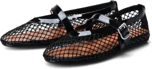 Adrizzlein Mesh Ballet Flats for Women Fishnet Ballerina Flats Buckle Strap Mesh Ballet Shoes Wide Width Casual Summer Dress Flat Shoes
