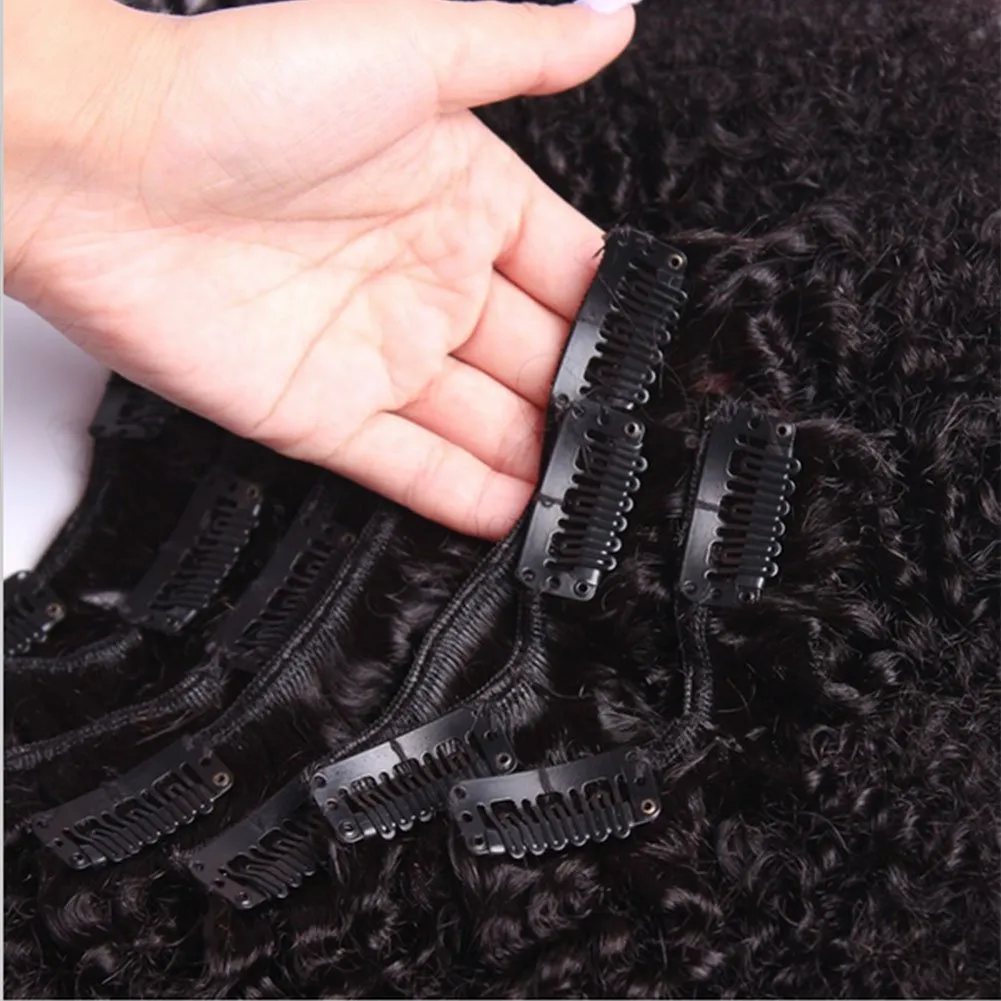 Afro Kinkys Curly Clip Ins Brazilian Virgin Hair Extensions Big Thick Double Weft Real Remy Hair for Black Women 7 Pieces 120g 10 Inch Natural Black