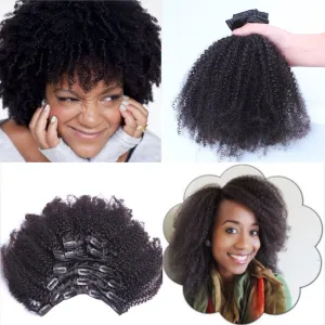 Afro Kinkys Curly Clip Ins Brazilian Virgin Hair Extensions Big Thick Double Weft Real Remy Hair for Black Women 7 Pieces 120g 10 Inch Natural Black