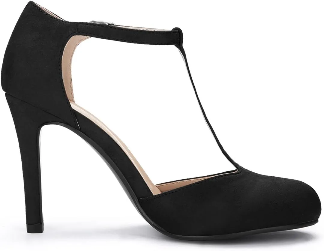 Allegra K Women's Rounded Toe Stiletto Heel T-Strap Dress Pumps