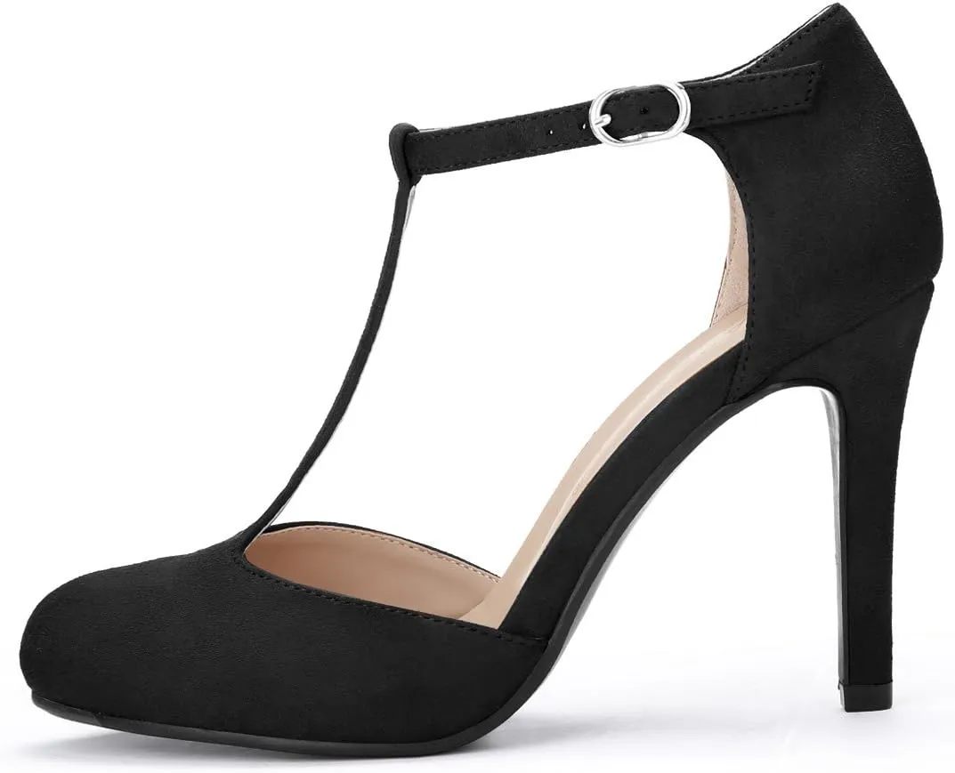 Allegra K Women's Rounded Toe Stiletto Heel T-Strap Dress Pumps