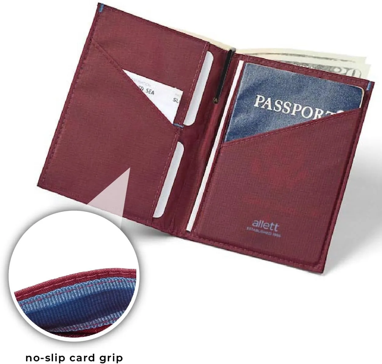 Allett Travel Wallet, Mulberry | Nylon, Thin Bifold, RFID Blocking, Minimalistic, Front Pocket | Holds Up To 10 Cards & Passport | For Men & Women