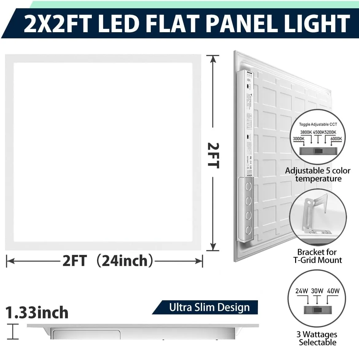 Allsmartlife 2x2 LED Flat Panel Light 4-Pack, Triac Dimmable, 5CCT (3000K-3800K-4500K-5200K-6000K) 40W/5000LM, Back-Lit 2x2FT LED Troffer Light Drop Ceiling for Commercial Office, ETL
