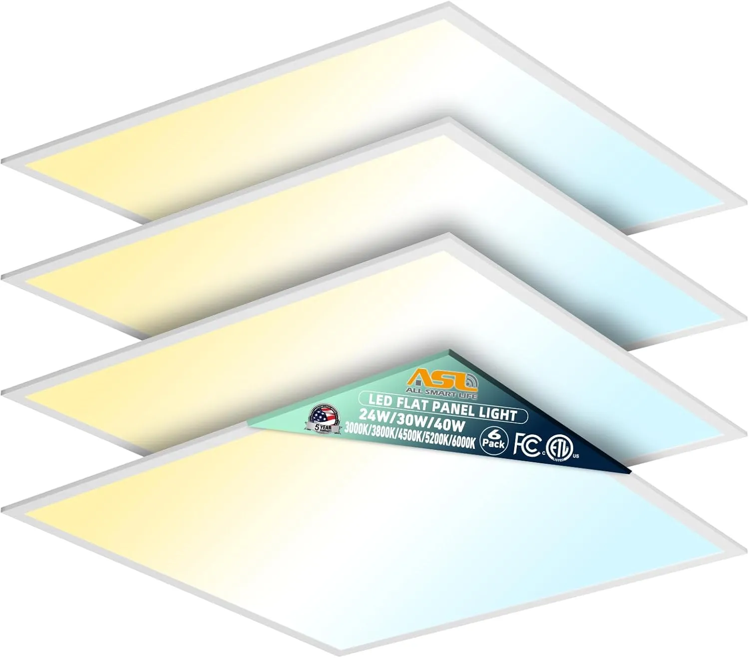 Allsmartlife 2x2 LED Flat Panel Light 4-Pack, Triac Dimmable, 5CCT (3000K-3800K-4500K-5200K-6000K) 40W/5000LM, Back-Lit 2x2FT LED Troffer Light Drop Ceiling for Commercial Office, ETL