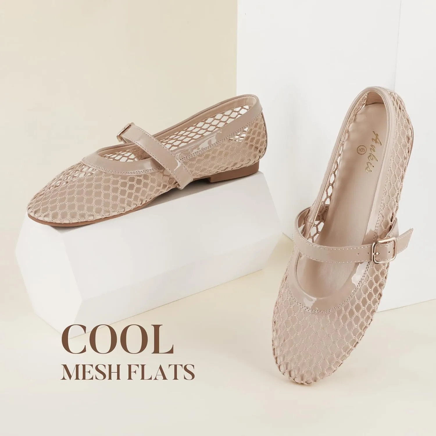 Ankis Mesh Ballet Flats for Women, Black Mesh Flats Buckle Strap Mary Jane Ballerina Flats Women's Fishnet Flat Sandals Shoes for Dressy Summer