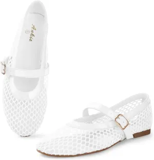 Ankis Mesh Ballet Flats for Women, Black Mesh Flats Buckle Strap Mary Jane Ballerina Flats Women's Fishnet Flat Sandals Shoes for Dressy Summer