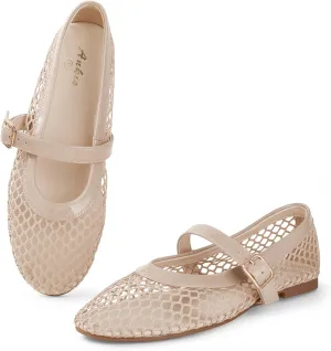 Ankis Mesh Ballet Flats for Women, Black Mesh Flats Buckle Strap Mary Jane Ballerina Flats Women's Fishnet Flat Sandals Shoes for Dressy Summer