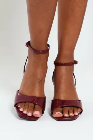 Ankle Buckle Mid Stiletto Patent Mule Heel - Burgundy