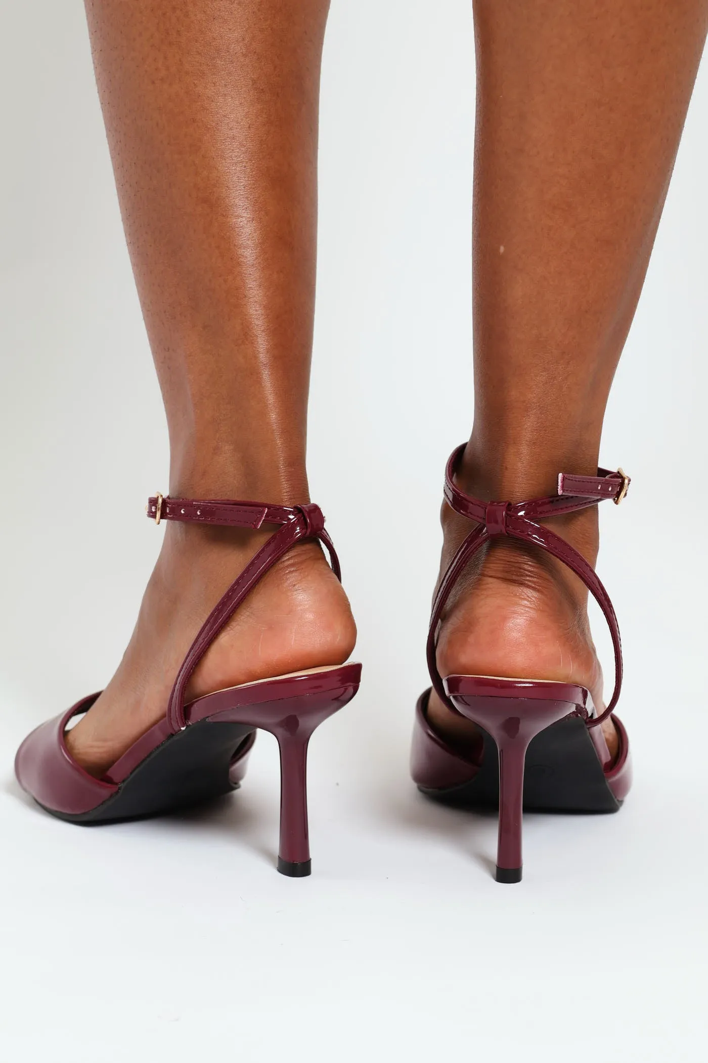 Ankle Buckle Mid Stiletto Patent Mule Heel - Burgundy